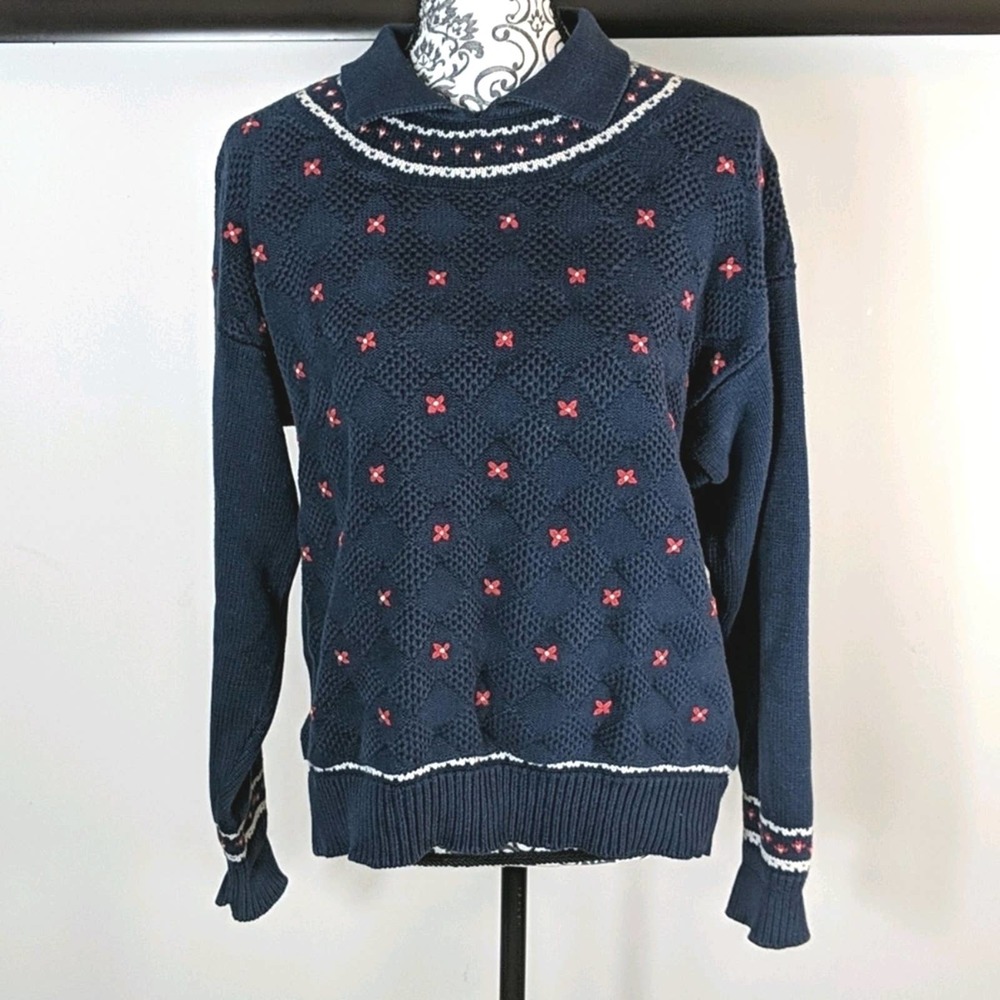 Vintage 1990 Eddie Bauer Sweater L 100% Cotton Diamond Knit Navy Blue Fl…